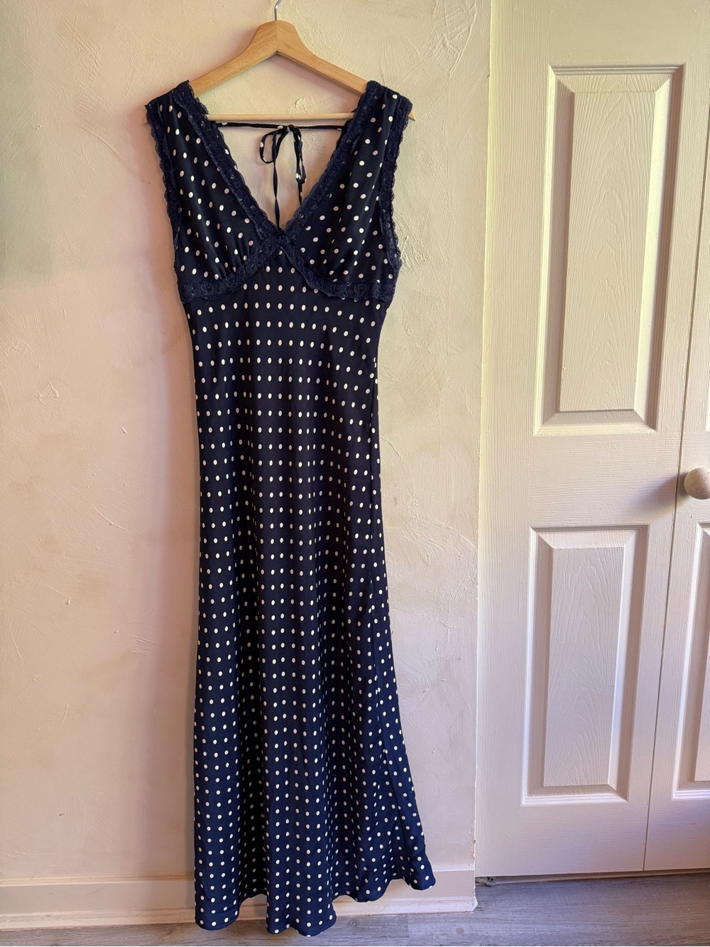 Thirty Thirty LA Navy Polka Dot Lace Trim Satin Slip Maxi Dress Tie Back Y2K